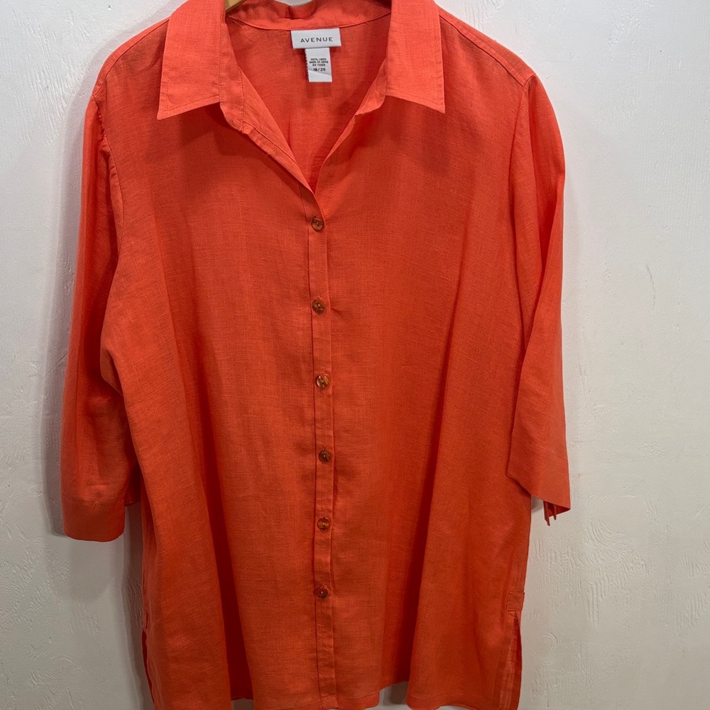 Avenue Vibrant Orange Button Down Classic Collared Linen 34 Sleeves Shirt 18/20